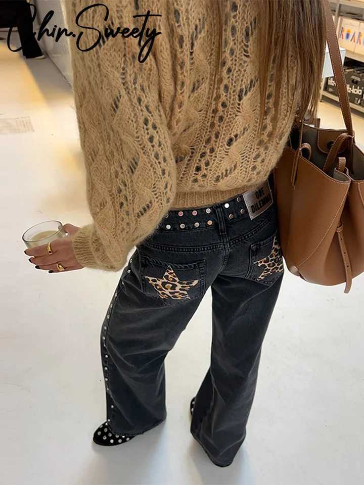 Fashion Leopard Star Print Jeans Women High Waist Zipper Straight Leg Wide Leg Pants 2026 Spring New Lady Casual StreetwearT260310