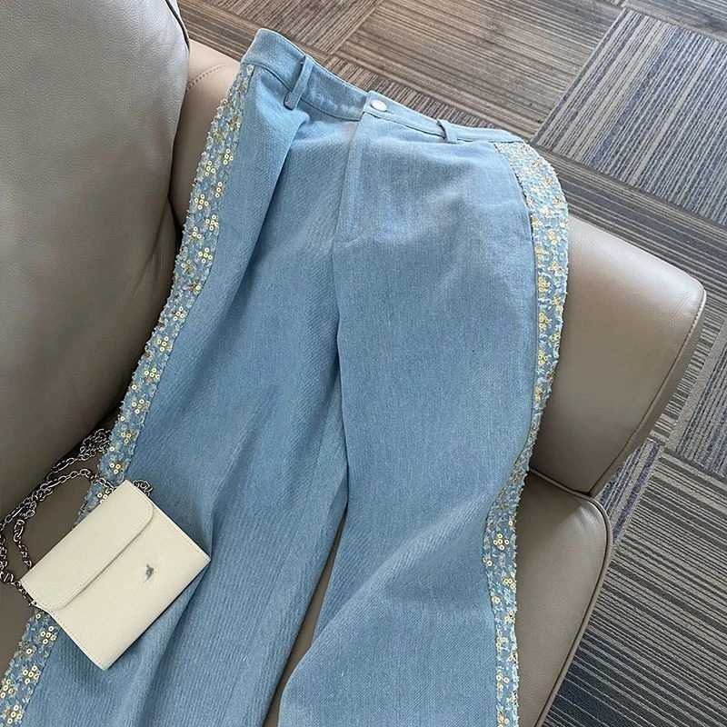 Neploe New Autumn Casual All-match Suit Wid Leg Pants Western Small Fragrance Exquisite Coat Sequin Turn-down Collar Set PantsT260310