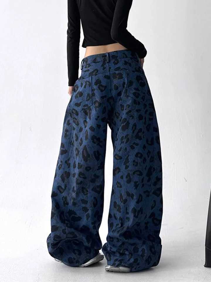 American Y2K Blue Leopard Jeans Women Vintage Casual High Waist Loose Denim Pants Harajuku Hip Hop Retro Bf Spring Trousers New M260310