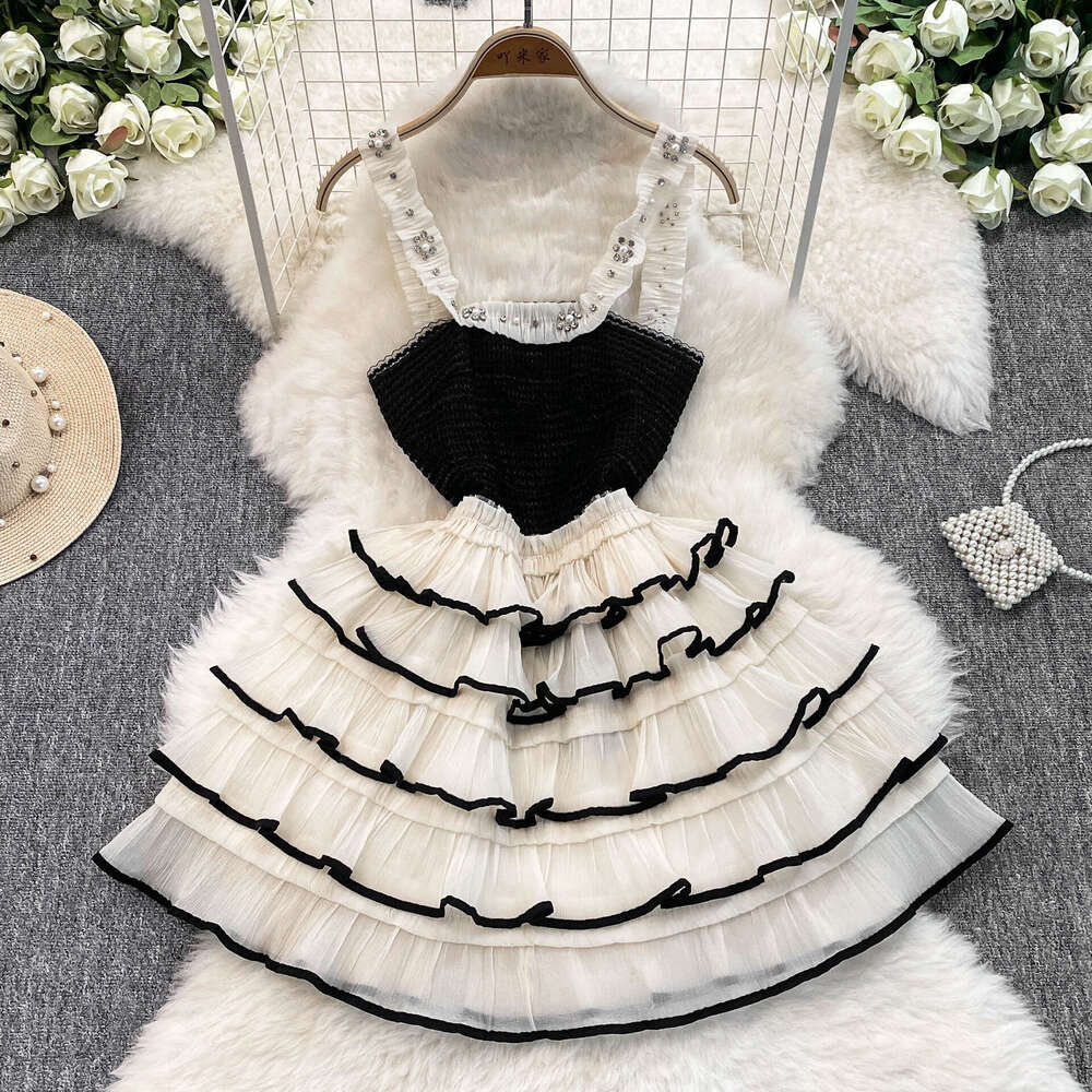 French Elegant Style Women's Tank Top Skirt Summer New Fashionable Exquisite Mesh Splicing and Layered Design 2026