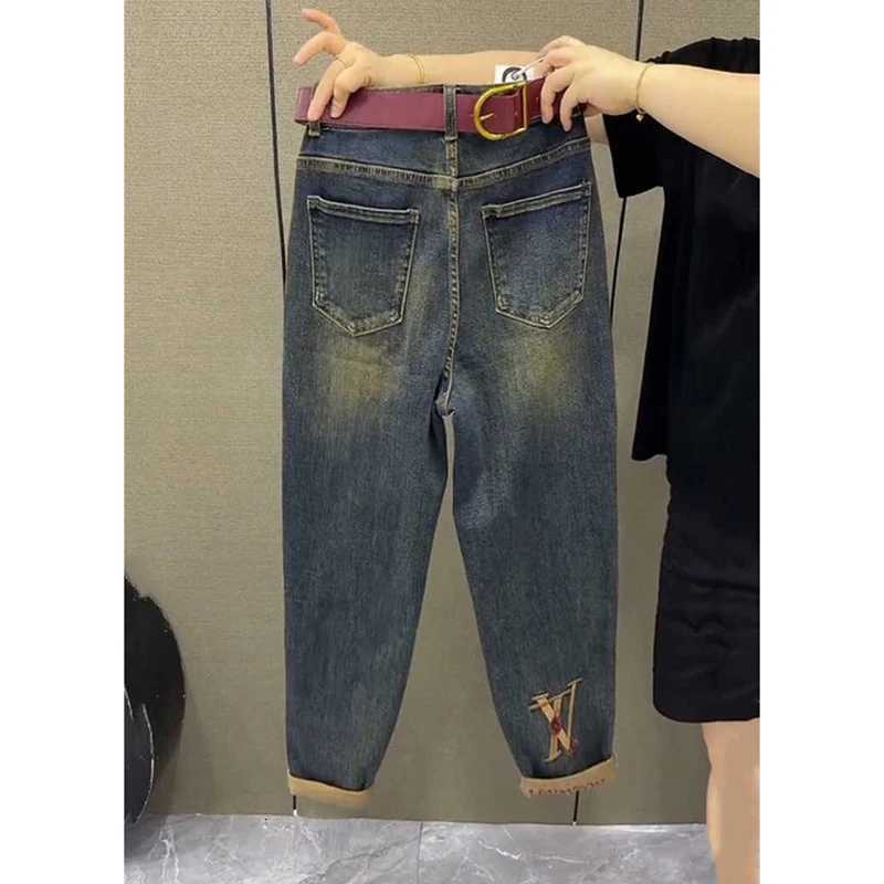 2025 NEW Spring Autumn Embroidery High Waist Straight Jeans Loose Fit Stretch Haren Denim Pants Ladies Ankle-Length Jeans PantsT260310