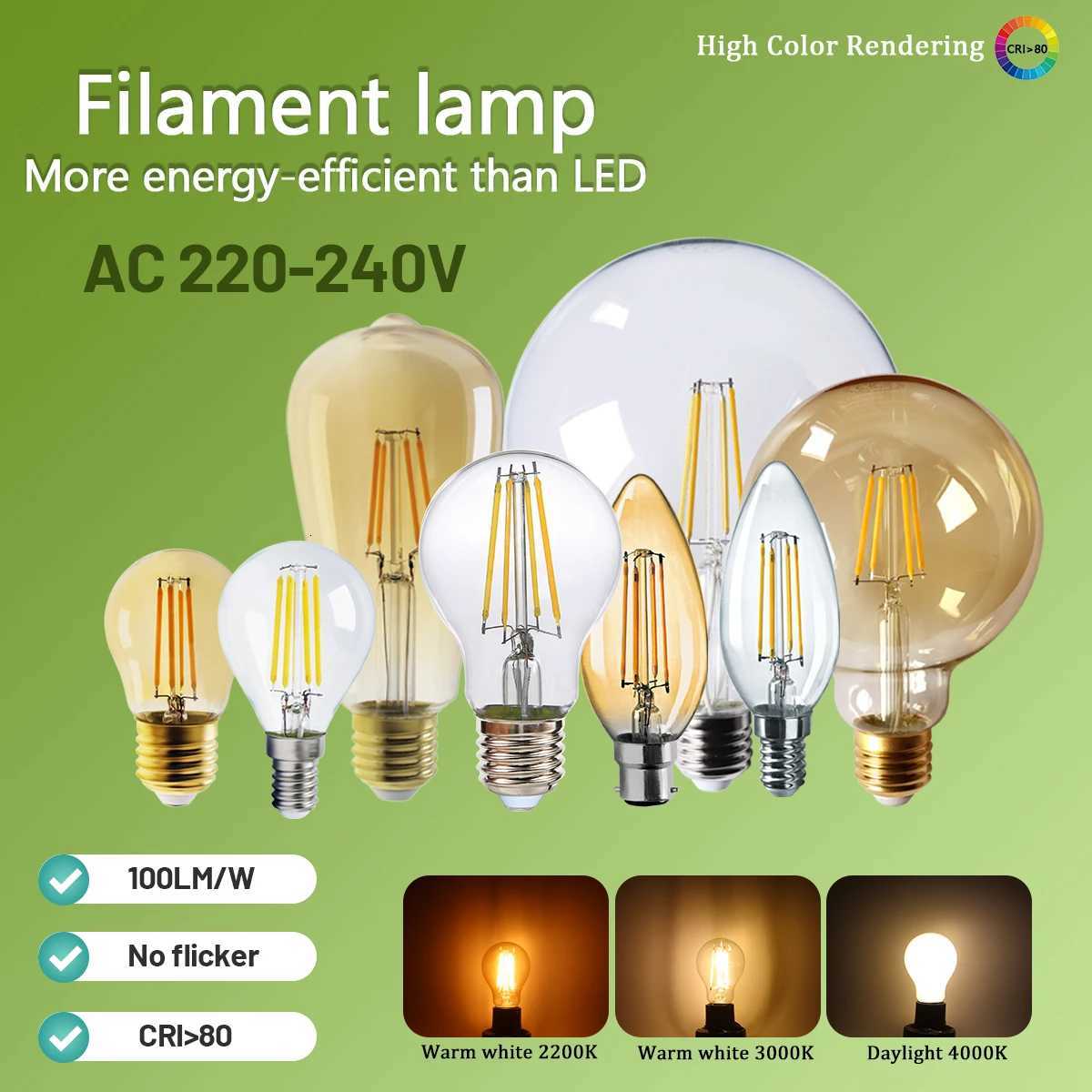 3pcs Retro Led Light Bulb E27 B22 E14 C35 A60 ST64 AC220-240V Edison Filament Bulb Vintage Warm Glass Lamp Lighting Indoor light H260310