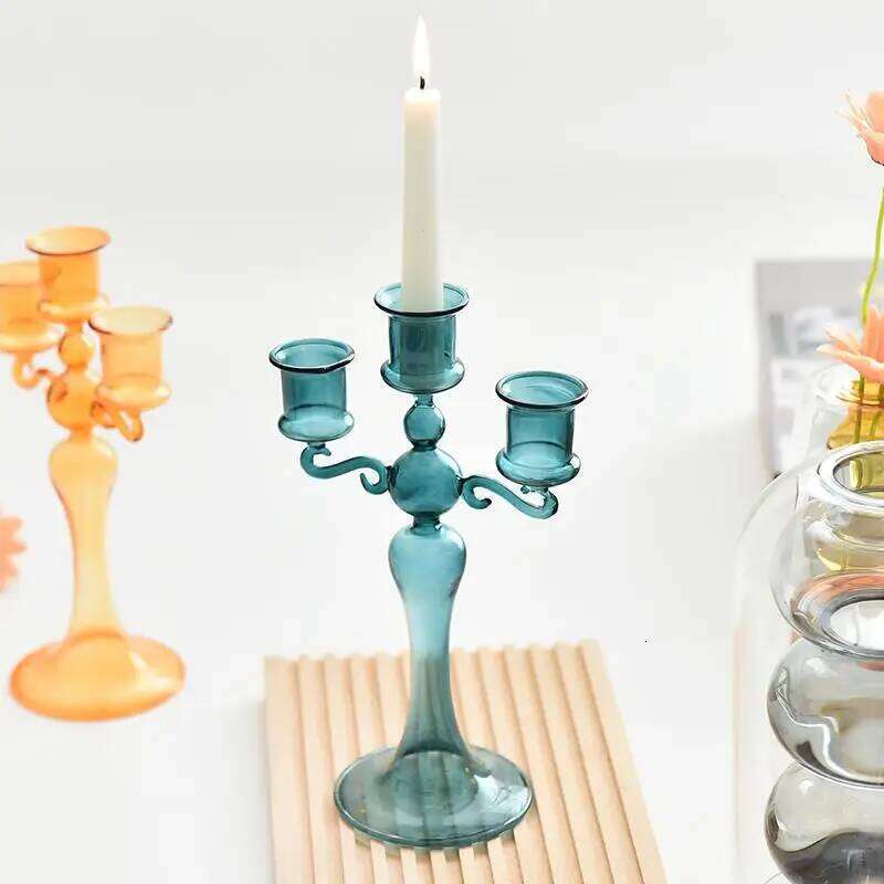 3 Heads Retro Taper Candle Holders Tall Candlesticks Party Glass Vase Home Decor Wedding Decoration H260310