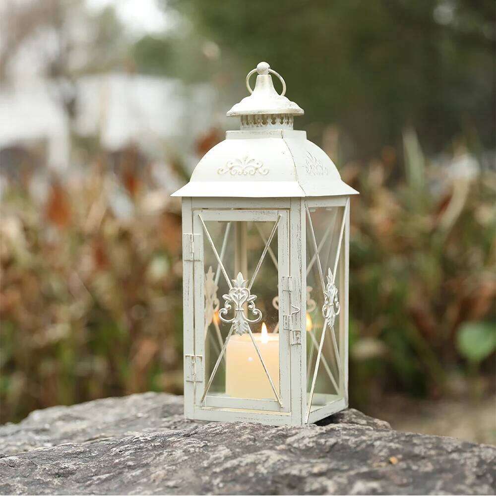 Vintage Metal Candle Holder Hanging Lantern White Lanterns with Glass for Living Room Garden Patio Parties Home Decor H260310