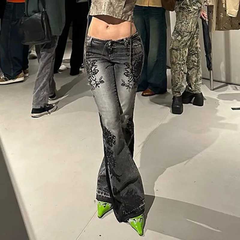 Womens Jeans New American Retro Street Style Plant Print Washed Vintage Low-Rise Flare Pants Trendy Versatile M260310