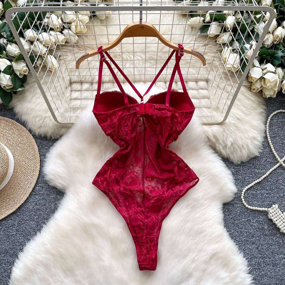 European and American women's fashion pure desire spicy girl lace backless suspender jumpsuit with shoulder strap tight corset
