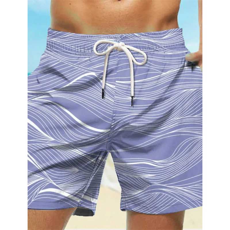 Curved Stripe Graphic Swim Trunks For Men Fashion 3D Print Short Pants Summer Holiday Hawaiian Drawstring Quick Dry Board Shorts N260310