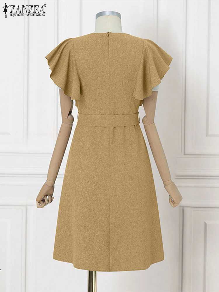 ZANZEA Elegant Women Office Lady Dress Summer Short Slve Ruffled Vestidos Casual Solid Color Square Collar Party Midi Sundress X260310