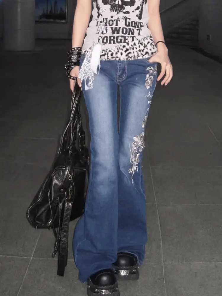 Womens American Retro High Street Flare Jeans Delicate Rose Embroidery Slim Fit Wide Leg Denim Pants with Flattering Silhouette M260310