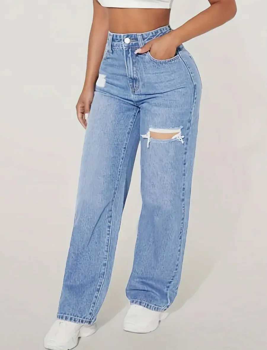 Mom Jeans Women Denim Pant Wide Leg Long Pants Hole High Waist Straight Trousers Y2k Streetwear Work Splice Casual 2025 Punk M260310