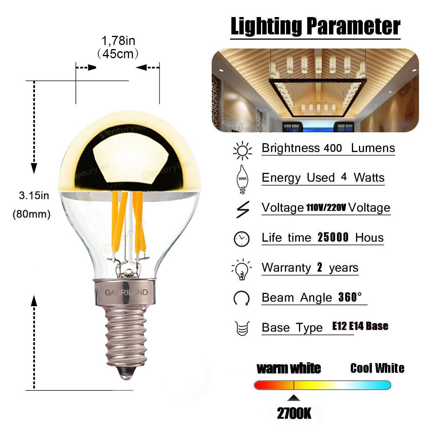 6pcs Mirror Gold Retro Edison LED Light Bulb E14 E12 G45 4W Dimmable filament 2700k Shadowless Bulb Decorative Lighting For Home H260310