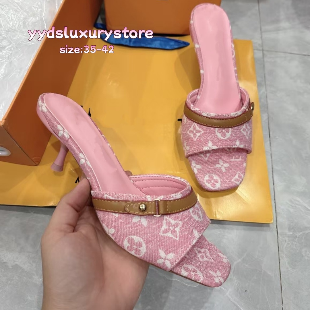 2026 designer sandals New Women's Denim Kitten Heel Sandals Comfort Slip-on Slippers 5.5cm Heel Beach Vacation Shoes size 35-42