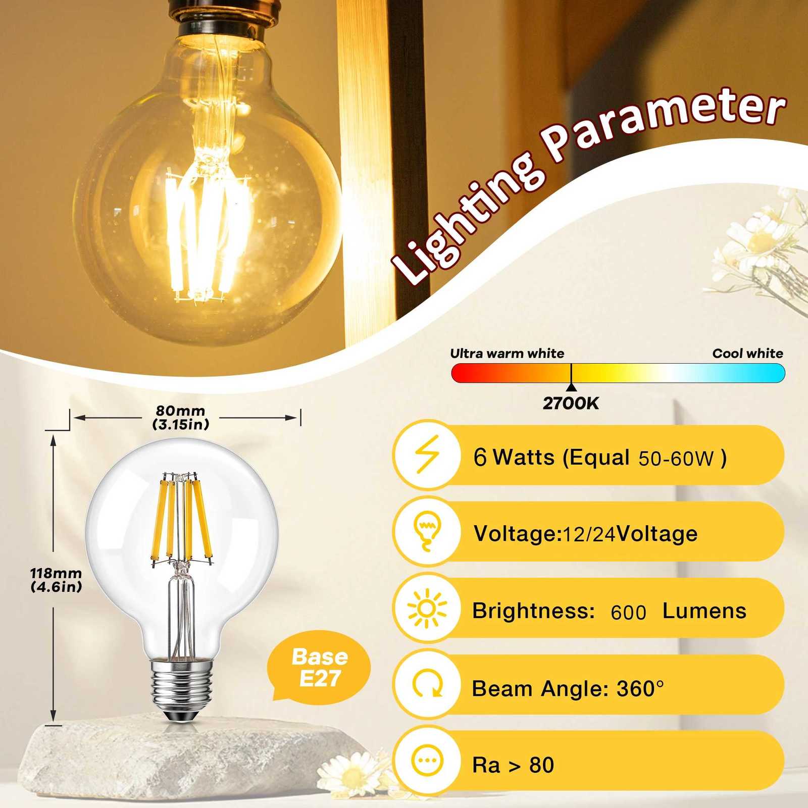 G80 E27 Led Bulbs 6W Low Voltage Bulb 12V 24V LED Filament Bulbs for RV Camper Marine Battery Power System Off Grid Solar Light H260310