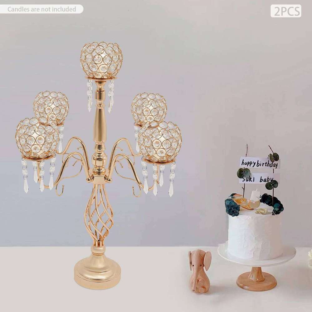 5 Arm Crystal Candelabra Centerpiece Gold 26 Inch Tall Table with Prisms 2 Pack for Home Party Wedding Decor H260310