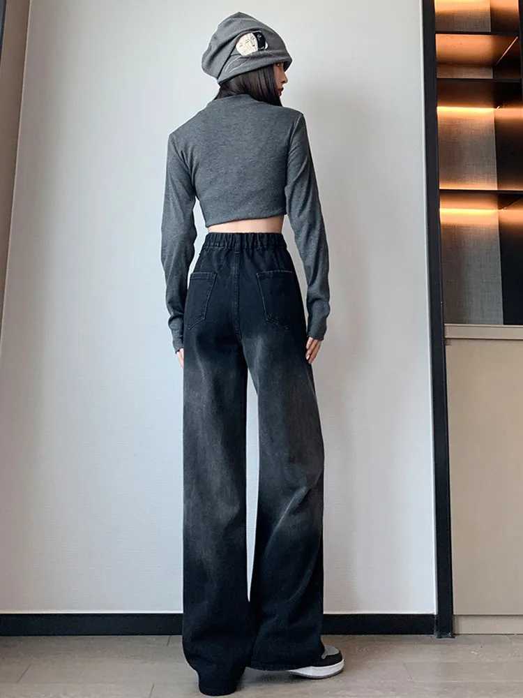 L-6XL Plus Size Jeans Women 2025 Spring New Arrivals High Waist Wide Leg Loose Black Denim Pants Women Streetwear Jeans Woman M260310