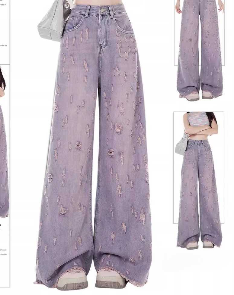 Large Size American Retro Ripped Jeans Women Spring Autumn High Waist Straight Fashion Versatile Wide Leg Floor Pants M260310