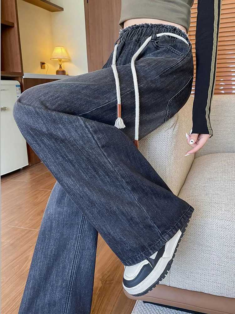 L - 6XL Plus Size Jeans For Woman High Elastic Waist Drawstring Black Jeans Women Streetwear Wide Leg Loose Casual Denim Pants M260310