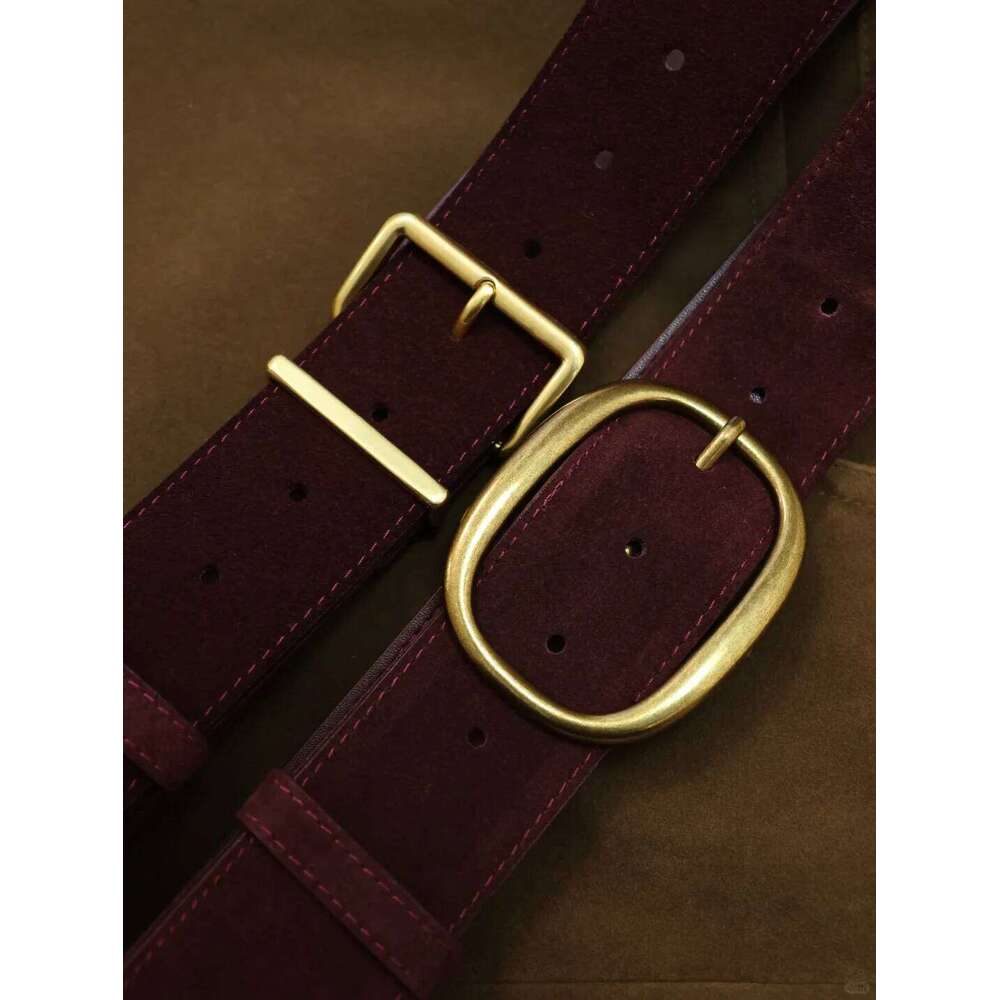 Genuine Vintage Women's Fashion Retro Brown Suede Belt Gold Buckle Leather Waistband for Dress Coat Jeans H260310