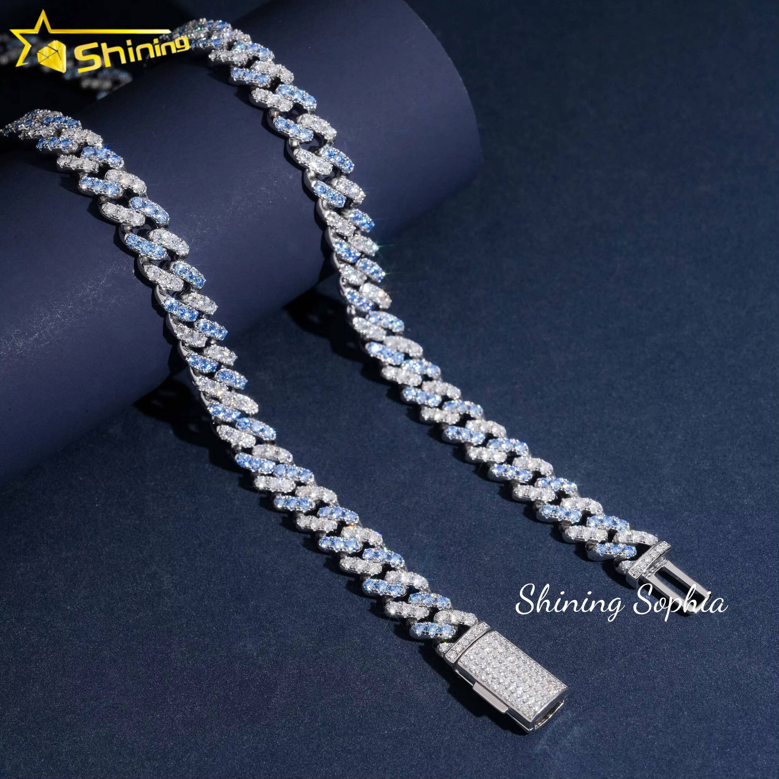 10mm 14K White Gold Plated Two Tone Blue and White Moissanite Diamond Cuban Link Chain Necklace