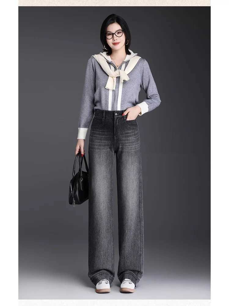 2025 Womens Spring and Autumn New High Waist Straight Leg Jeans Boutique Loose and Elegant Drop Feel Casual Pants M260310