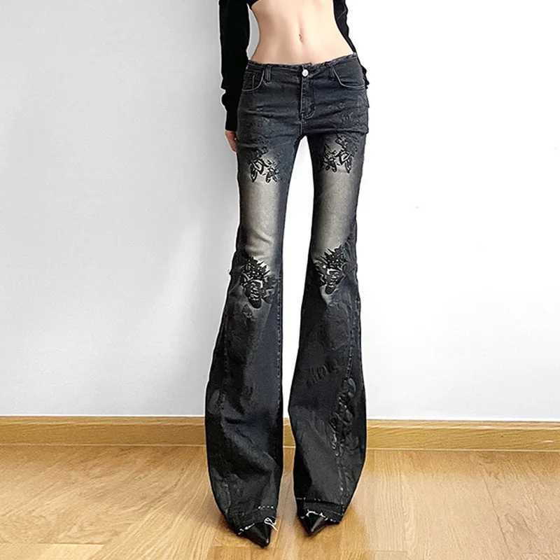 Womens Jeans New American Retro Street Style Plant Print Washed Vintage Low-Rise Flare Pants Trendy Versatile M260310