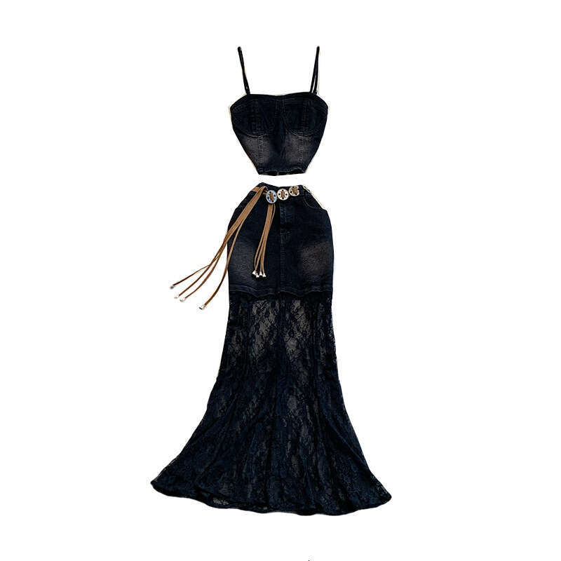 2026 designer American retro short black denim vest sexy high waisted slim fit lace patchwork skirt