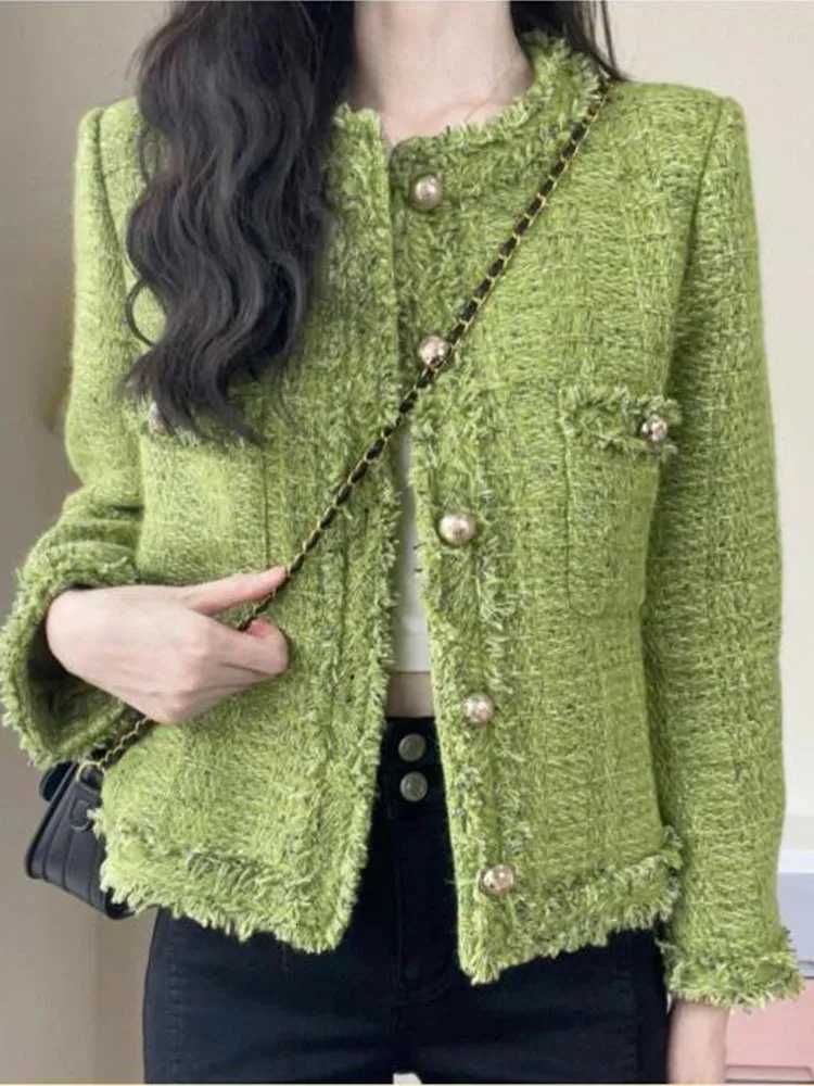 2026 New Autumn Winter Korean Single-Breasted Short Tweed Coat Women Long Sleeve Vintage Green Casual Jackets Female OuterwearT260310