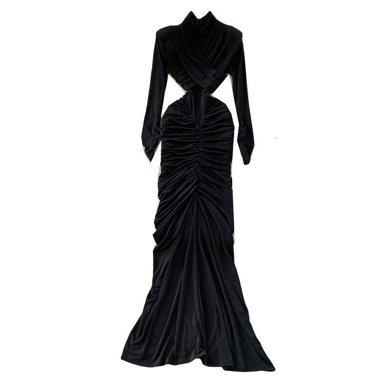 Unique and exquisite women's cross neck semi high neck dress from Europe and America, niche and elegant irregular pleated skirt