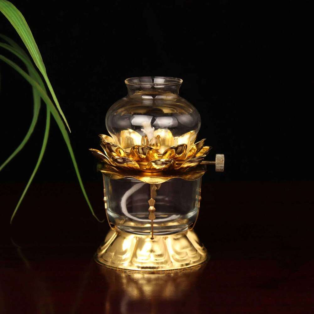 Golden Oil Lamp For Buddhist With Glass Windproof Cover Religious Items Buddha Decoration H260310