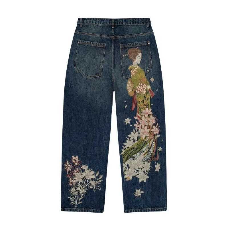 Harajuku Flower Woman Embroidery Baggy washed jeans Y2K Vintage 2000s streetwear American Gothic Pants Men Women wide leg pants M260310