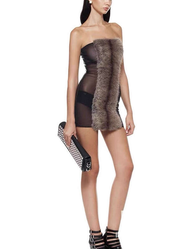 2026 New European and American Fashion Sexy Strapless Fur Splicing Mesh Transparent Design Slimming Mini Dress