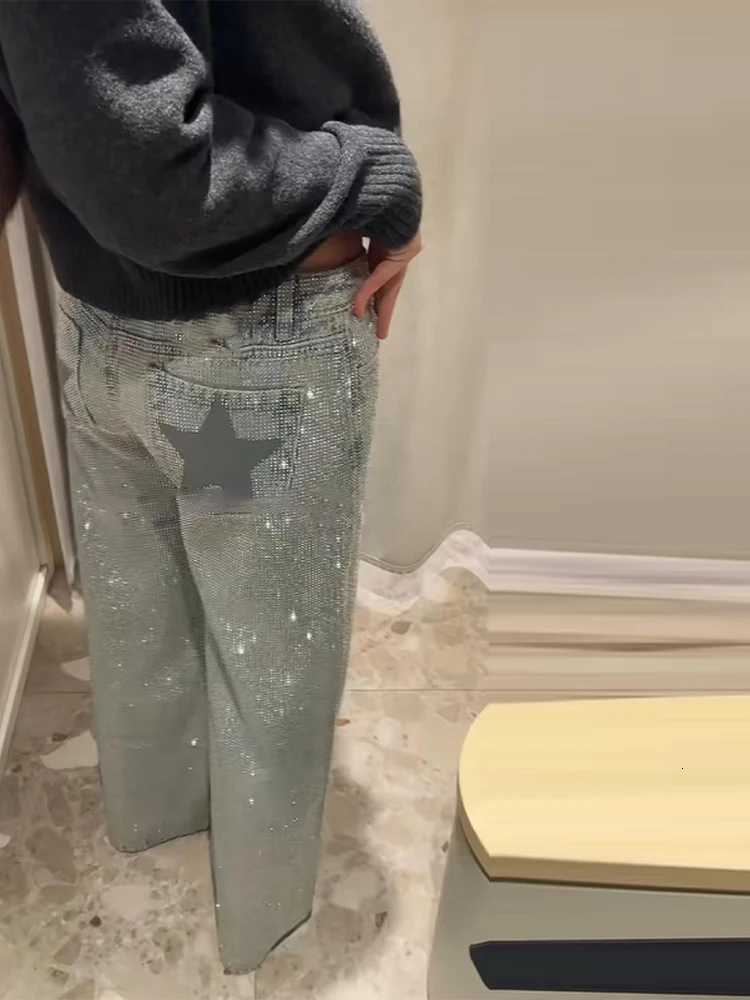 Shining Womens Rhinestone Denim Jeans Sparkly Star High Waist Wide Leg Pants Spring Female Party Clubwear Streetwear TrousersT260310