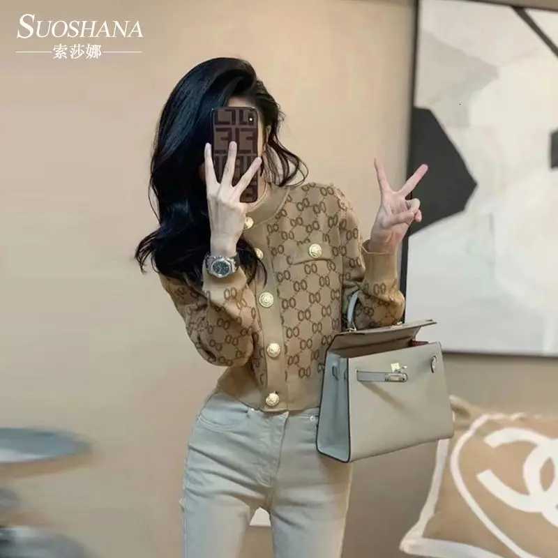 Fashion Printed Short Sweater Jacket for Women Spring Autumn Temperament Elegant Waist-cinching Knit Top Fashion Women ClothingT260310