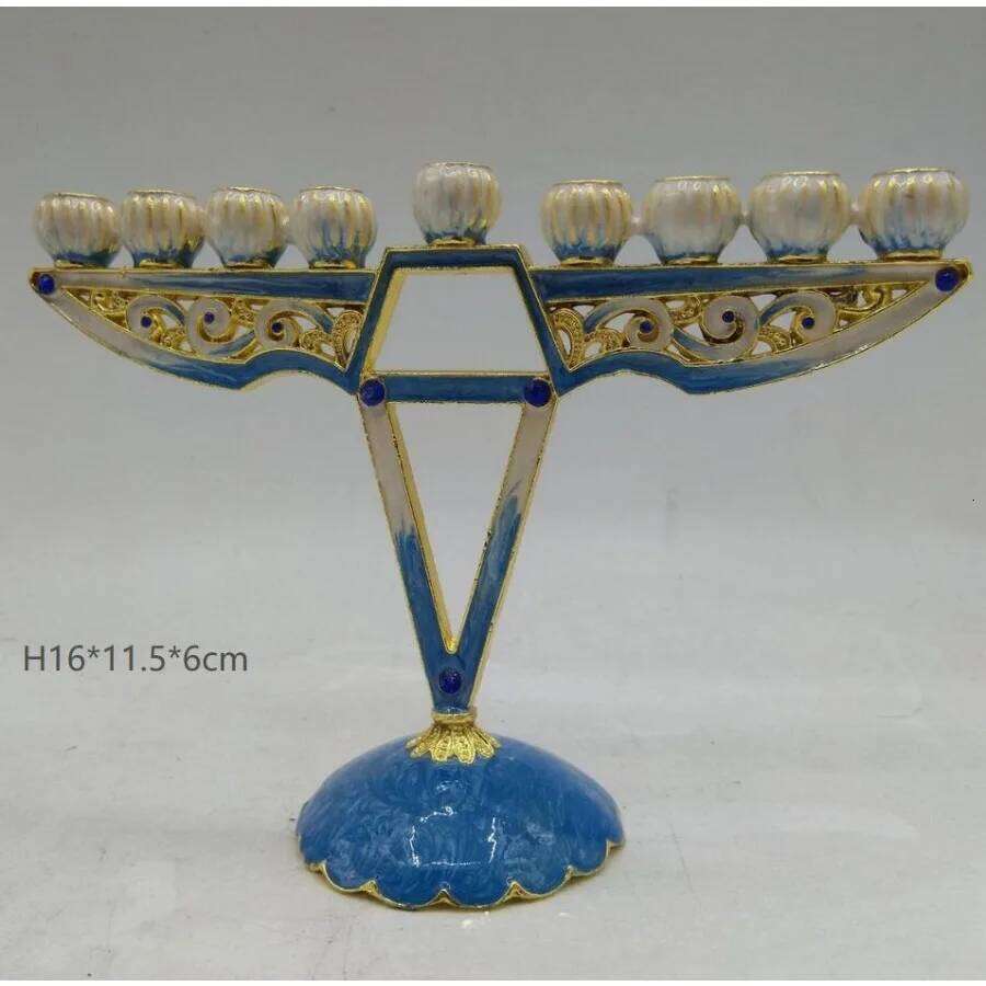 Jewish Hanukkah Temple of God Menorah, Jerusalem Gurdwara Candlestick alloy copper enamel colored holiday party, 9 branches H260310