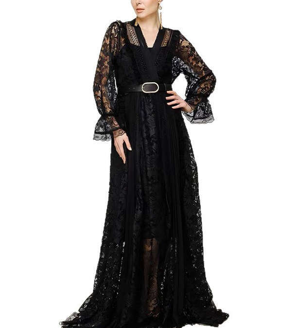 2026 Spring and Summer European and American Fashion Goddess Sexy Lace Transparent Splicing Wrinkle Two Piece Set Tassel Long Dress