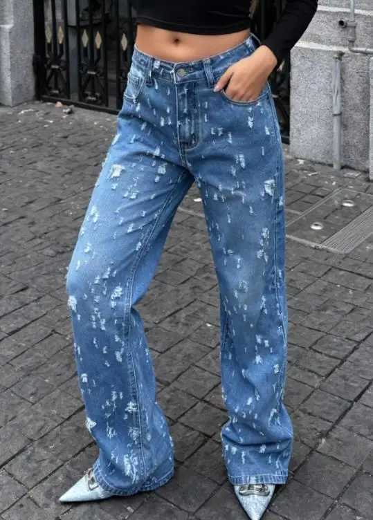 Womens Ripped Jeans Straight Tube Millennium Style Street Trendy Jeans Daily Casual Female Fashion Loose Versatile Denim Pants M260310