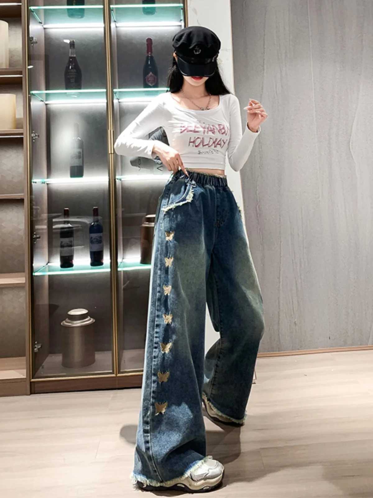 Women Plus Size L-6XL Spring New Foreign-style Embroidery Elastic Waist High Waist Floor Pants Loose Comfortable Wide-leg Jeans M260310