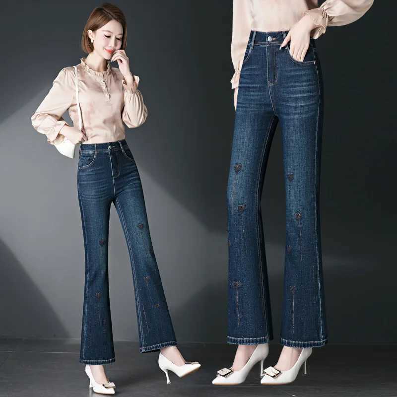 2026 Womens Spring/Summer New High Waist Micro Horn Jeans Embroidered Hot Stretch Mom Fashion Casual Pants M260310