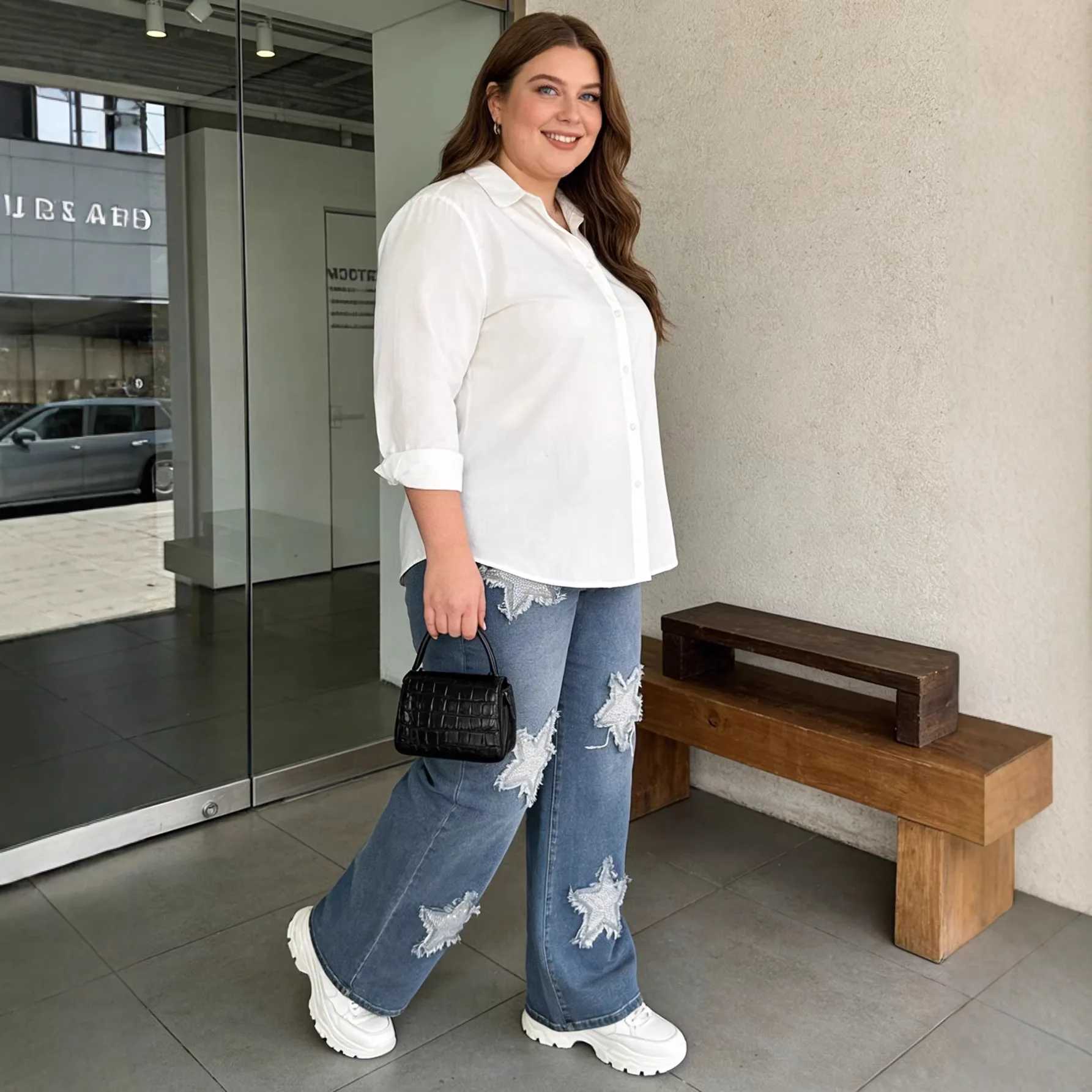 L-5XL Plus Size Jeans Women Elastic High Waist Long Pants Spring Autumn Fashion Print Big Size 3XL Oversize Office Lady Trouser M260310