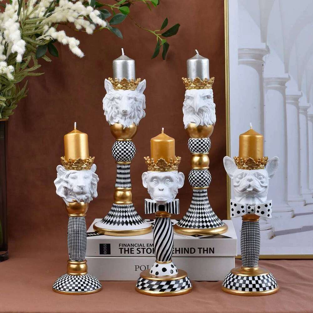 Europe Statue Holder Resin 3D Animal Head Figurine Vintage Striped Candle Stand Christmas Home Desktop Decoration H260310