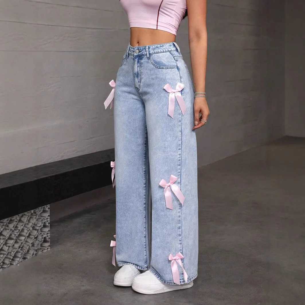 Women Jeans Wide Leg Pants Bow Washed High Waist 2025 Streetwear Denims Distressed Vintage Straight Ankle Length Trousers M260310