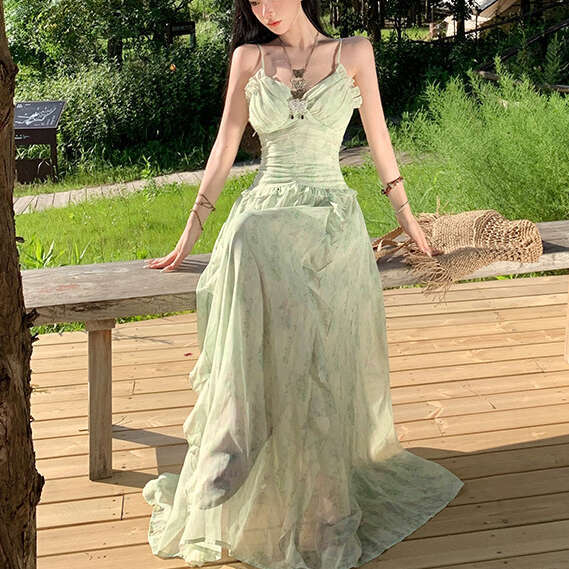 2026 Spring/Summer Designer Women's Adjustable Ruffle Fairy Style Long Skirt with Inner Chest Cushion