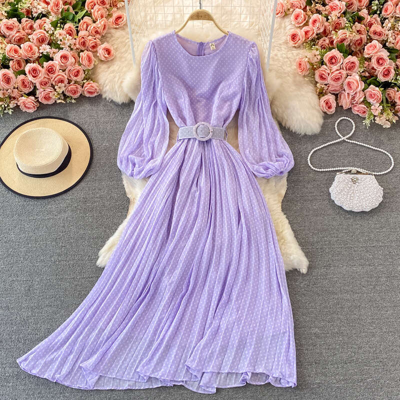 2026 vacation style beach long dress with waistband and big hem chiffon dress with polka dot pattern for autumn wear