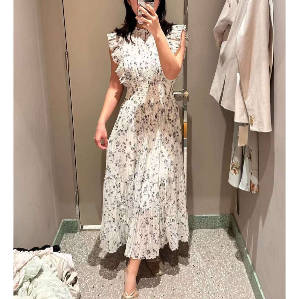 2026 Spring and Summer New Women's Celebrity Same Style Printed Flower Flowing Sleeve Fold Dress