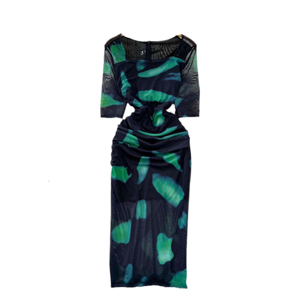 2026 high-end luxury women's short sleeved square neck slim fit medium to long oil painting printed slim fit dress