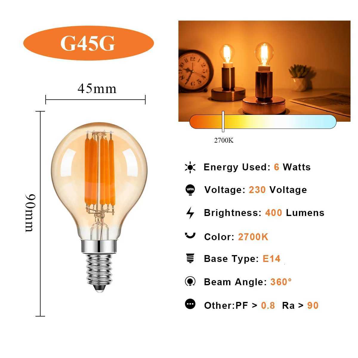 Retro 6W Led Filament Bulb E14 Base Globe Mini Light Bulbs Amber Glass Warm White 2700K Replacement Bulb for Pendant Chardeliers H260310