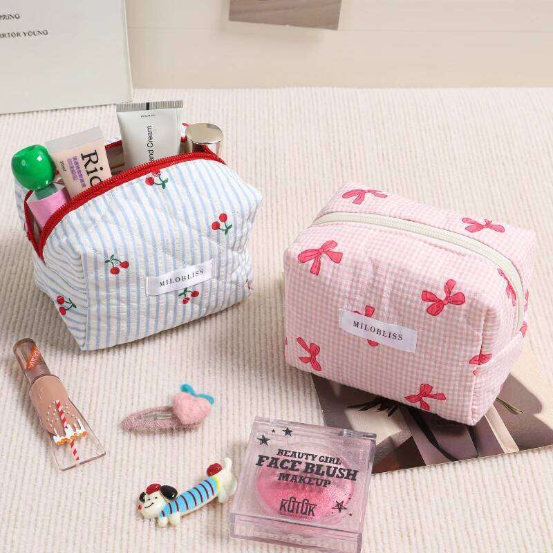 Plaid Bow Makeup Bag Quilted Cherry Cosmetic Pouch Student Lightweight Storage XJ260310
