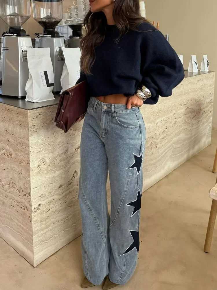 Casual Five-point Star Denim Pants Women Vintage High Waist Patchwork Zipper Wide Leg Trousers 2026 New Lady Spring Autumn WearT260310
