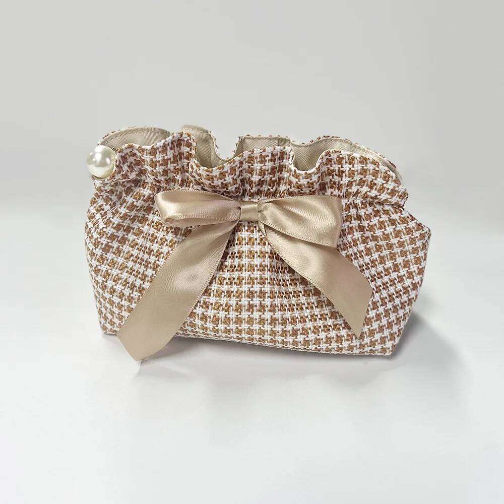 Lattice Makeup with Bowknot High-end Zipper Handbag Skin Care Product Small Women Travel Storage Bag XJ260310