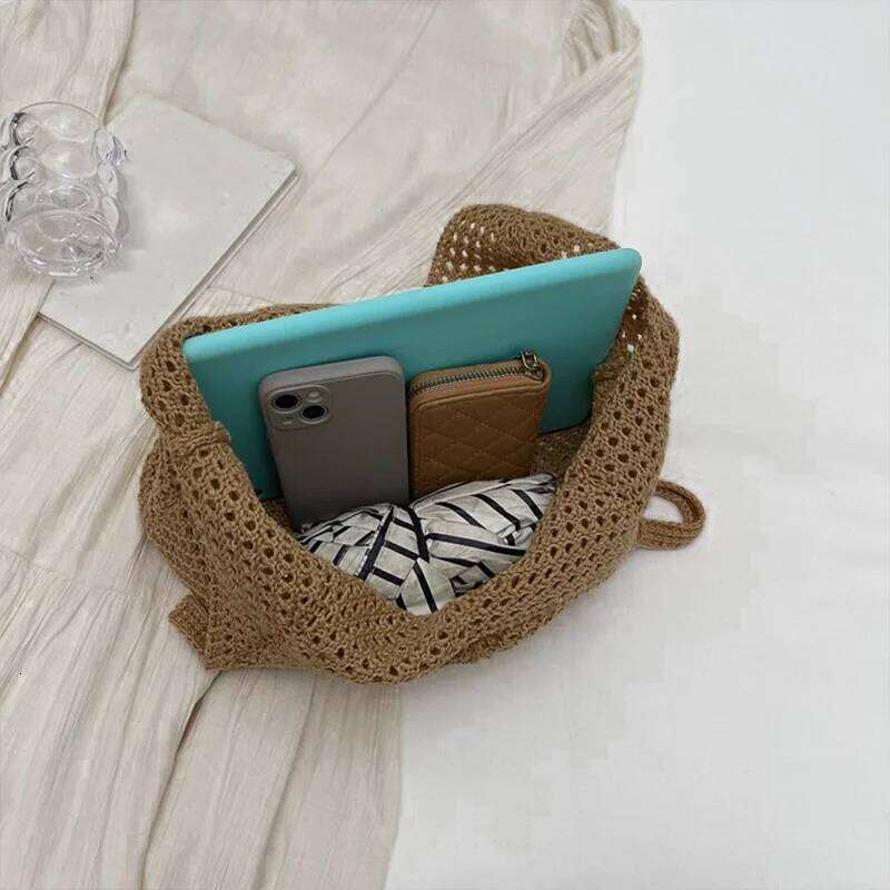 Women Crochet Tote Candy Fashion Knitted Large Capacity Woven Shoulder Bags Solid Color Simple Shopping Bag for Summer Beach XJ260310